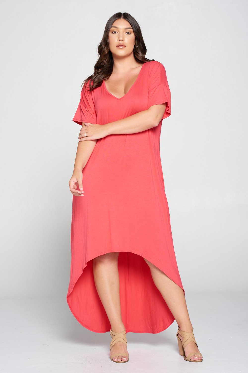 livd L I V D women's contemporary plus size clothing high low hi lo dress with pockets v neck sleeves in coral pink