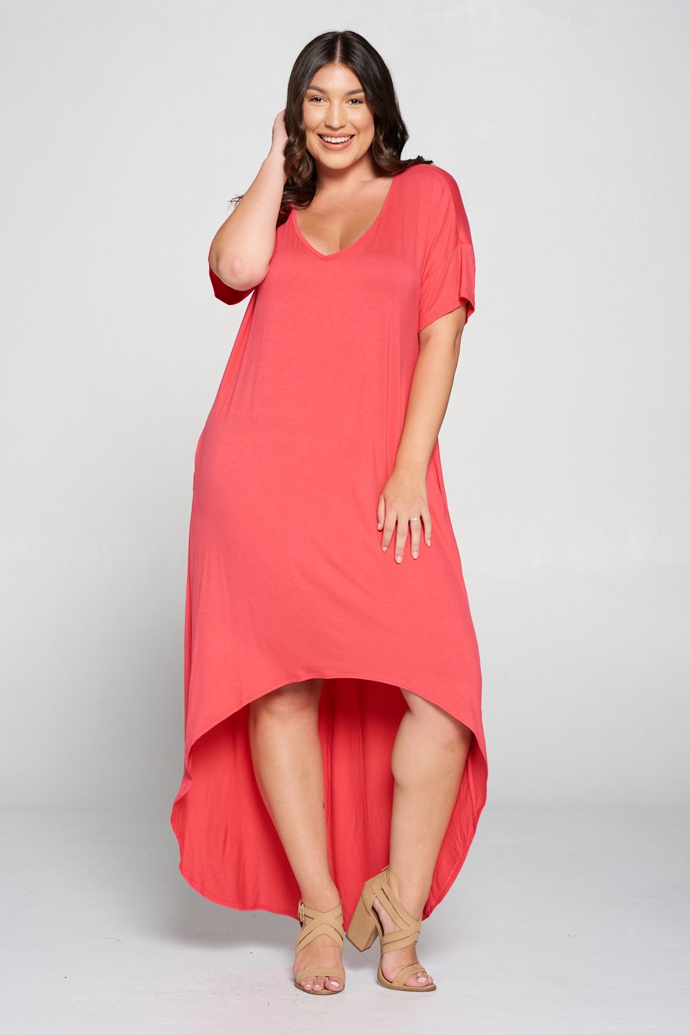 livd L I V D women's contemporary plus size clothing high low hi lo dress with pockets v neck sleeves in coral pink