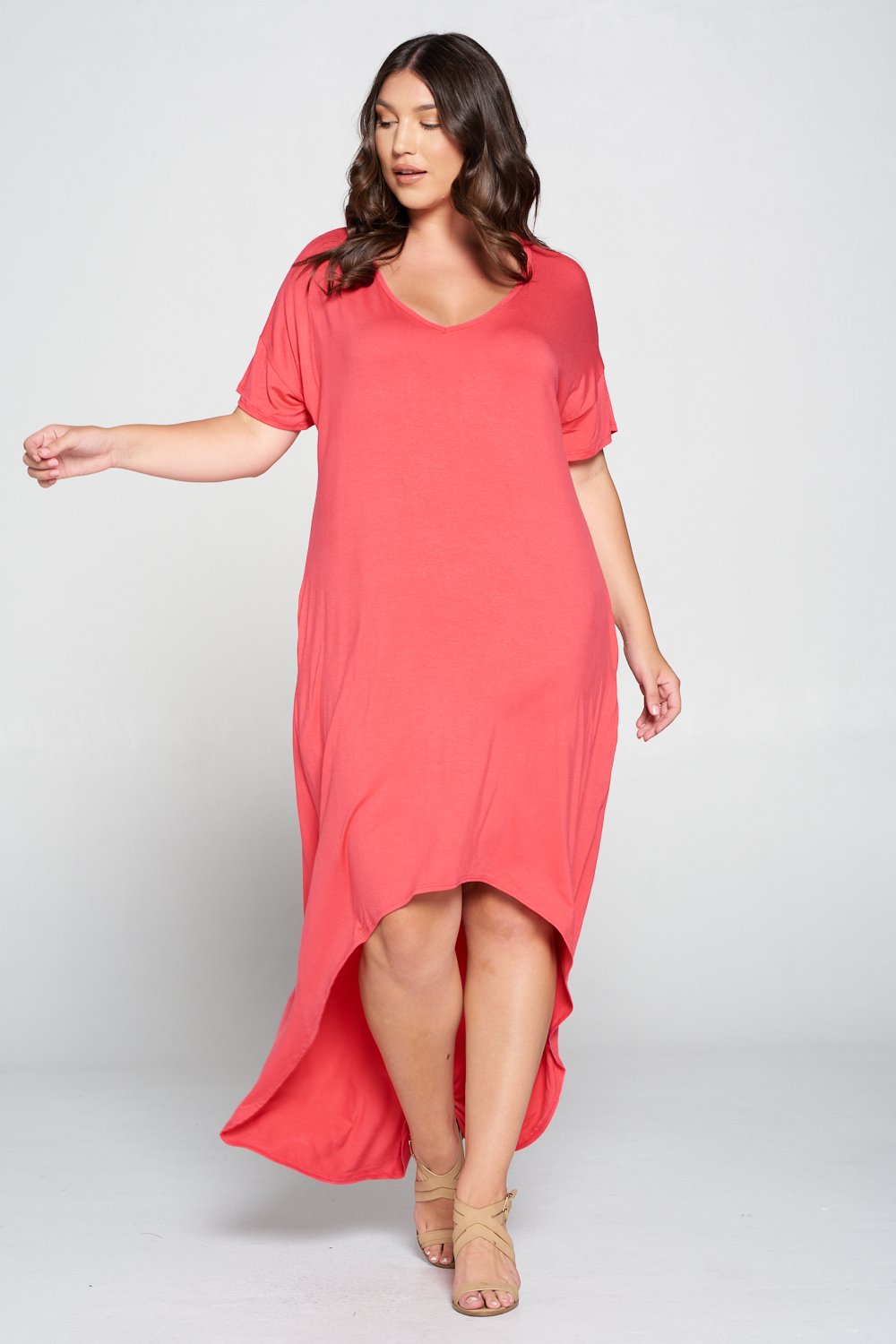 livd L I V D women's contemporary plus size clothing high low hi lo dress with pockets v neck sleeves in coral pink