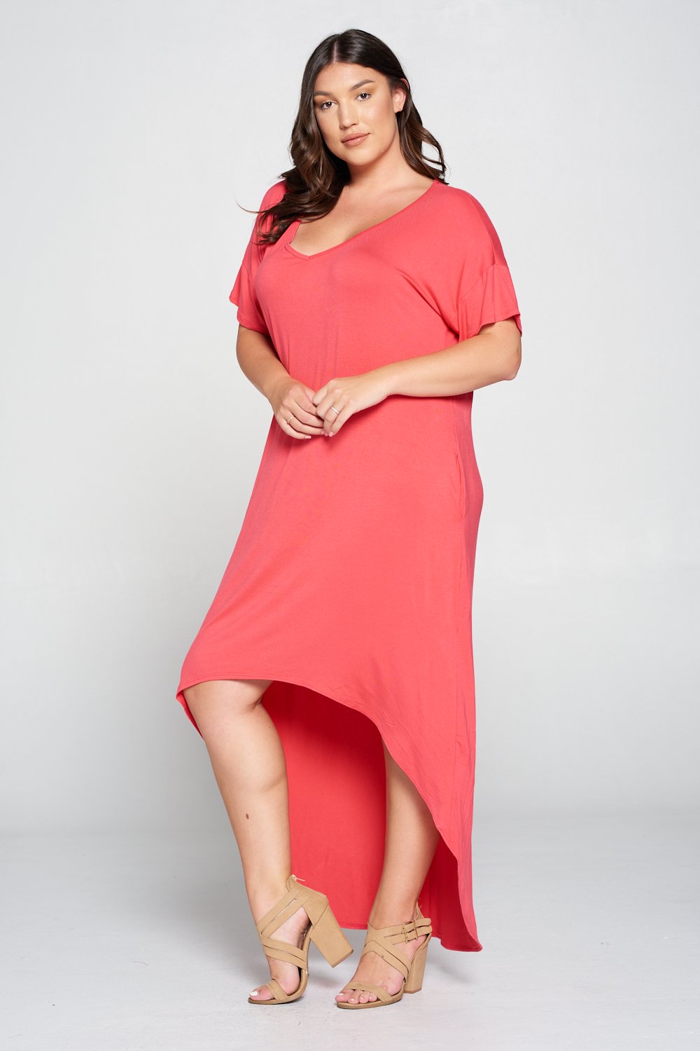 livd L I V D women's contemporary plus size clothing high low hi lo dress with pockets v neck sleeves in coral pink