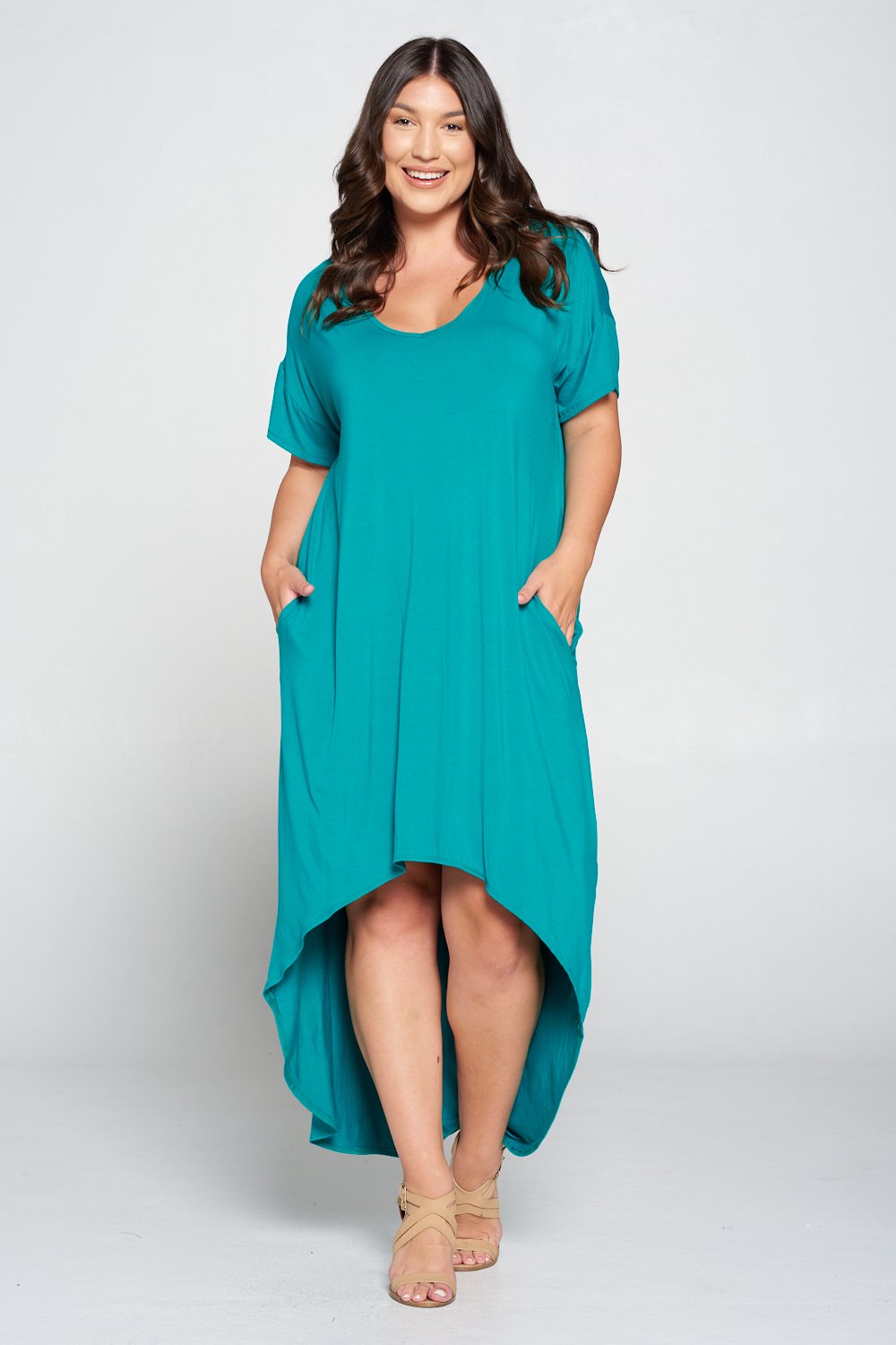 livd L I V D women's contemporary plus size clothing high low hi lo dress with pockets v neck sleeves in jade