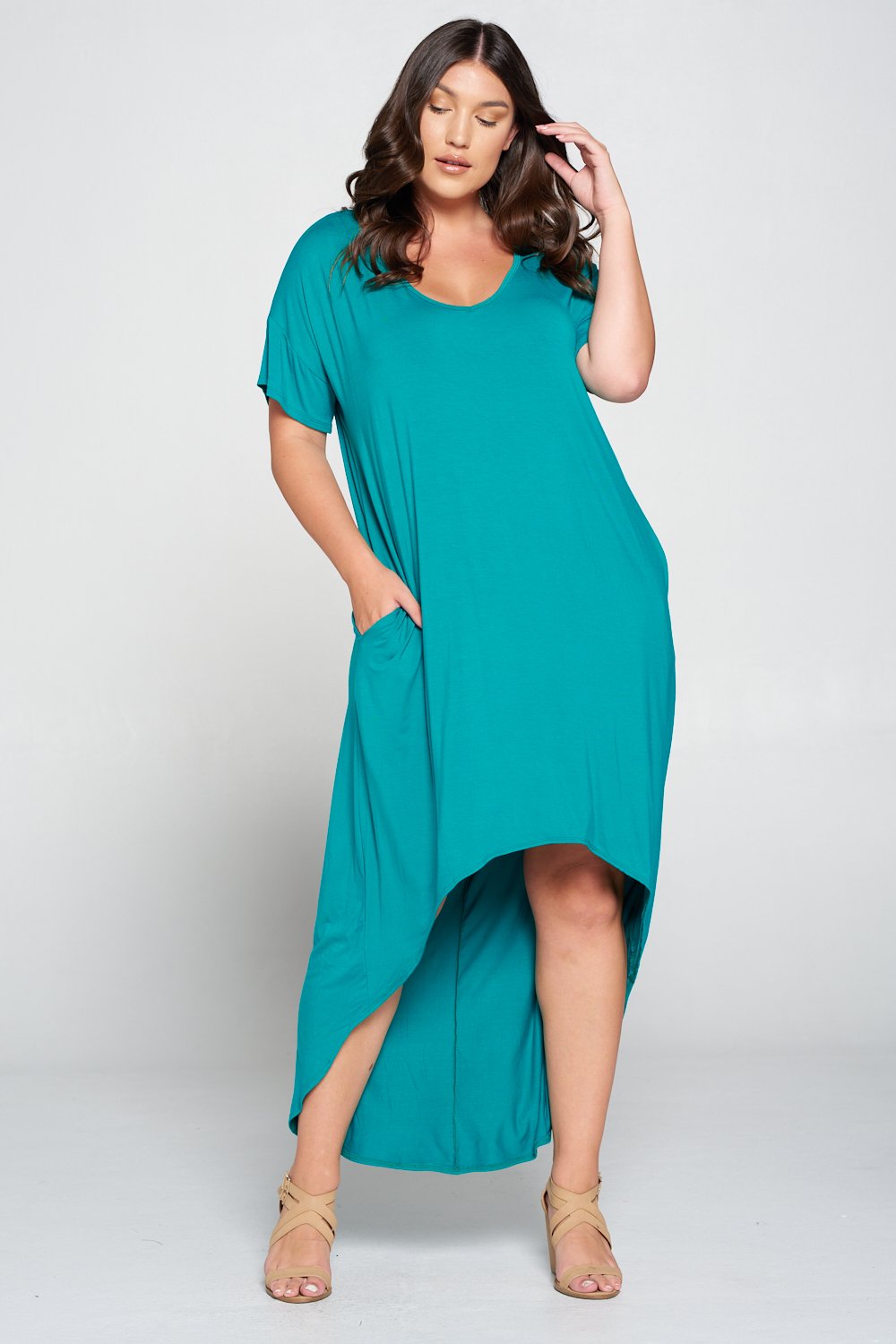 livd L I V D women's contemporary plus size clothing high low hi lo dress with pockets v neck sleeves in jade