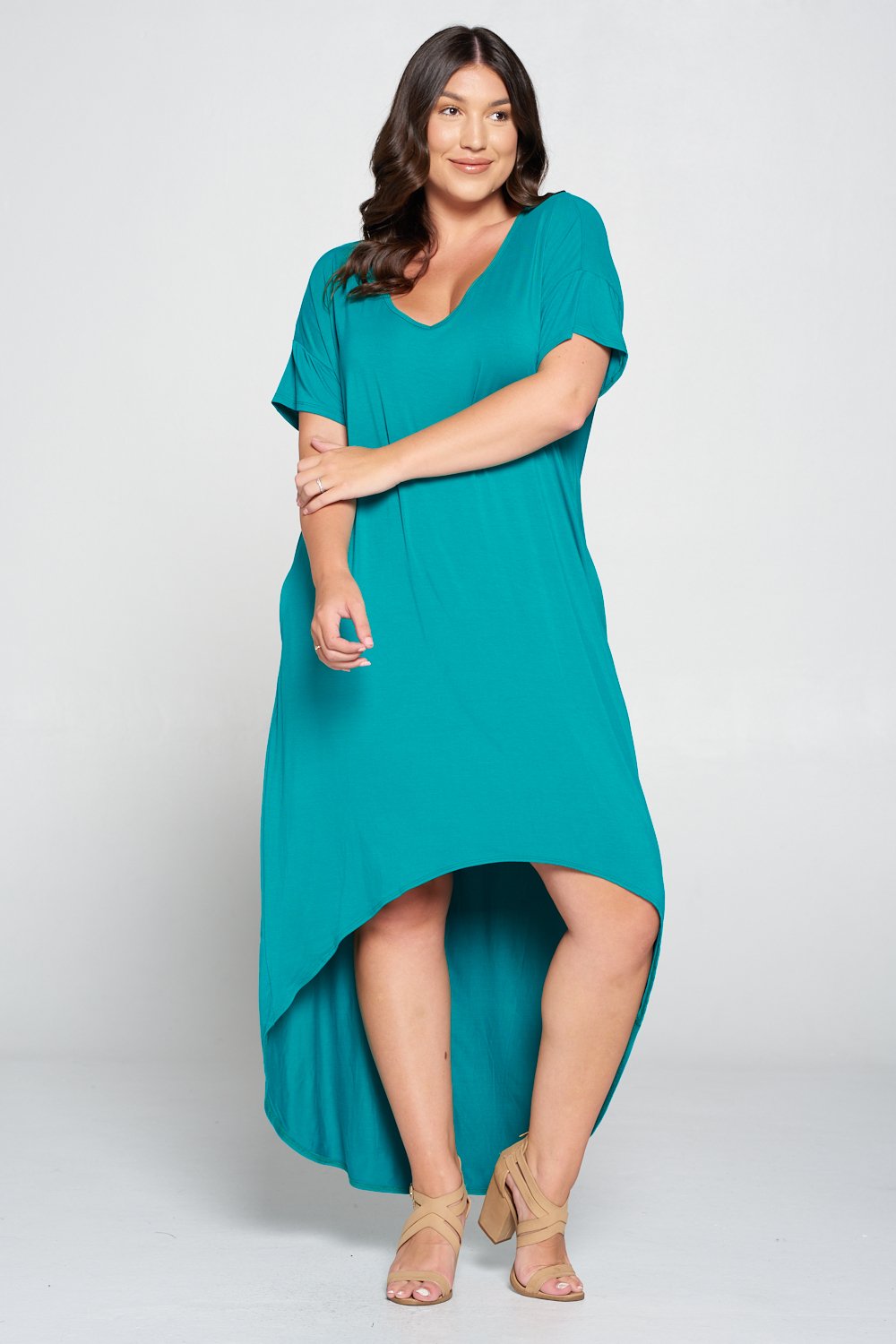 livd L I V D women's contemporary plus size clothing high low hi lo dress with pockets v neck sleeves in jade