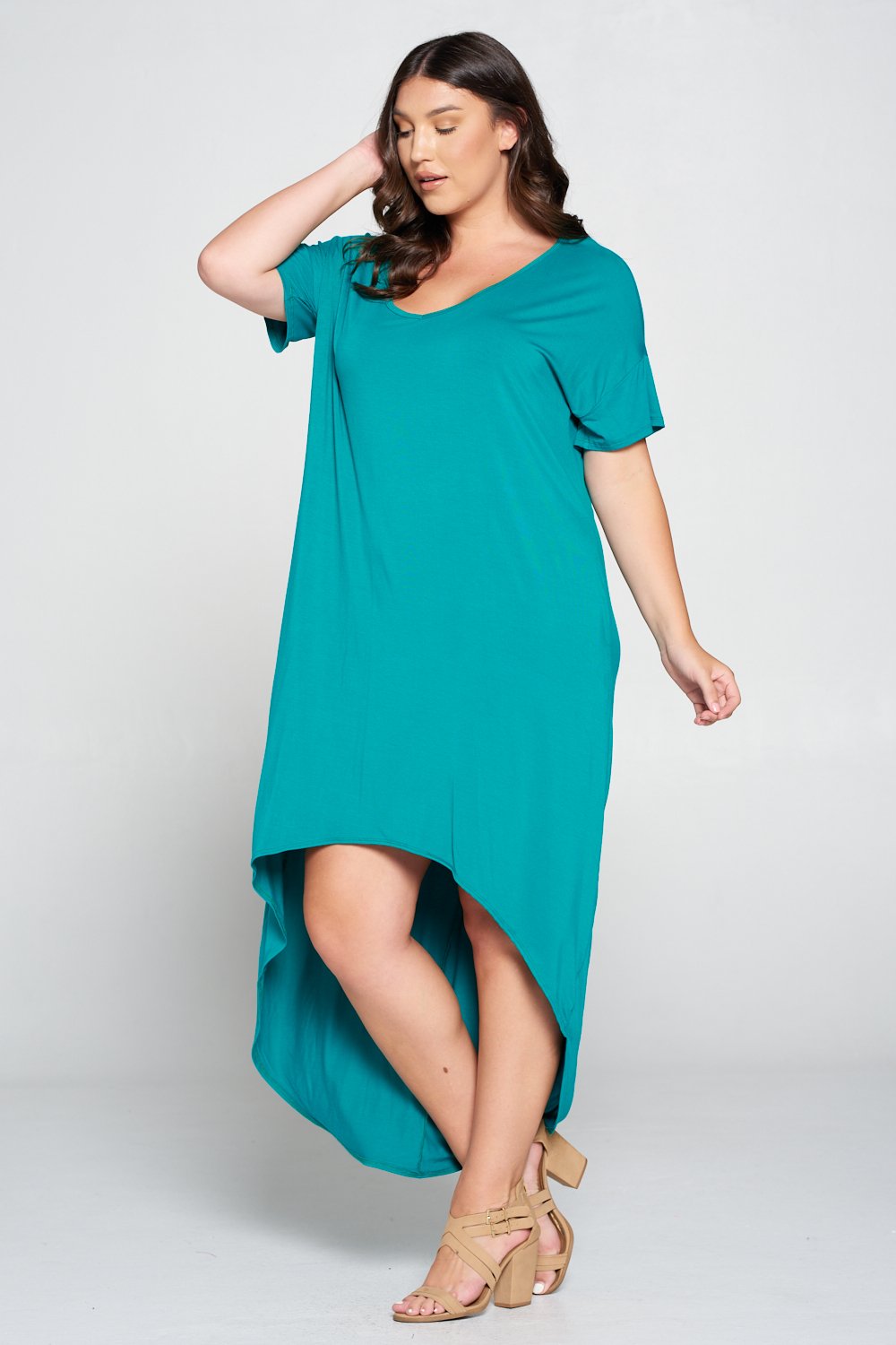 livd L I V D women's contemporary plus size clothing high low hi lo dress with pockets v neck sleeves in jade