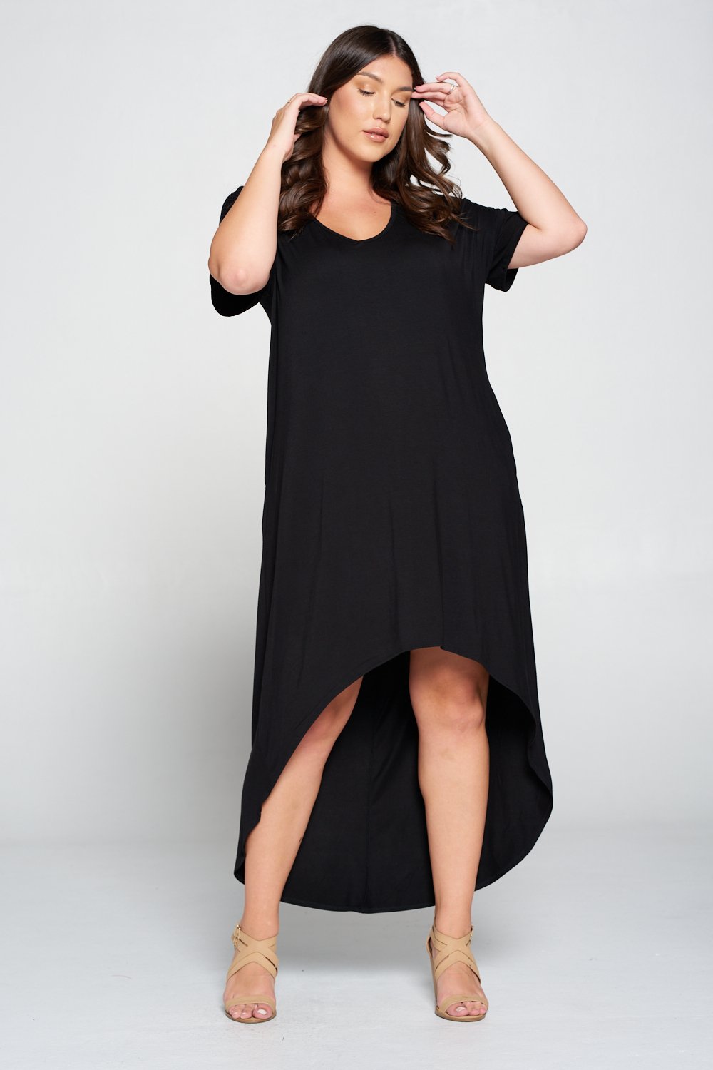 livd L I V D women's contemporary plus size clothing high low hi lo dress with pockets v neck sleeves in black