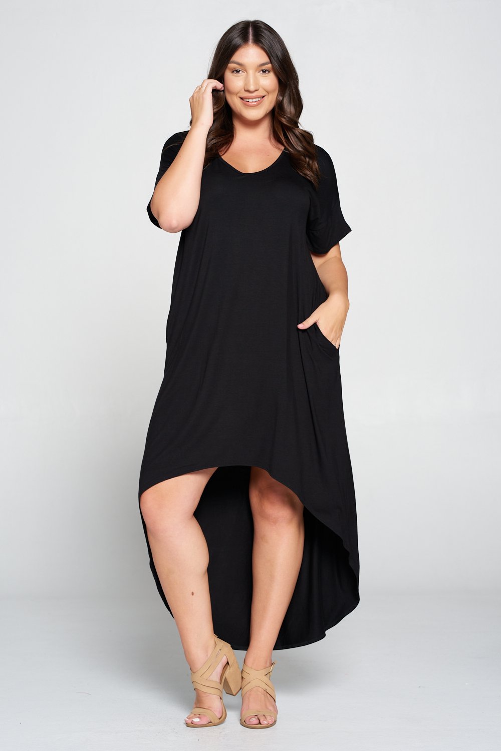 livd L I V D women's contemporary plus size clothing high low hi lo dress with pockets v neck sleeves in black