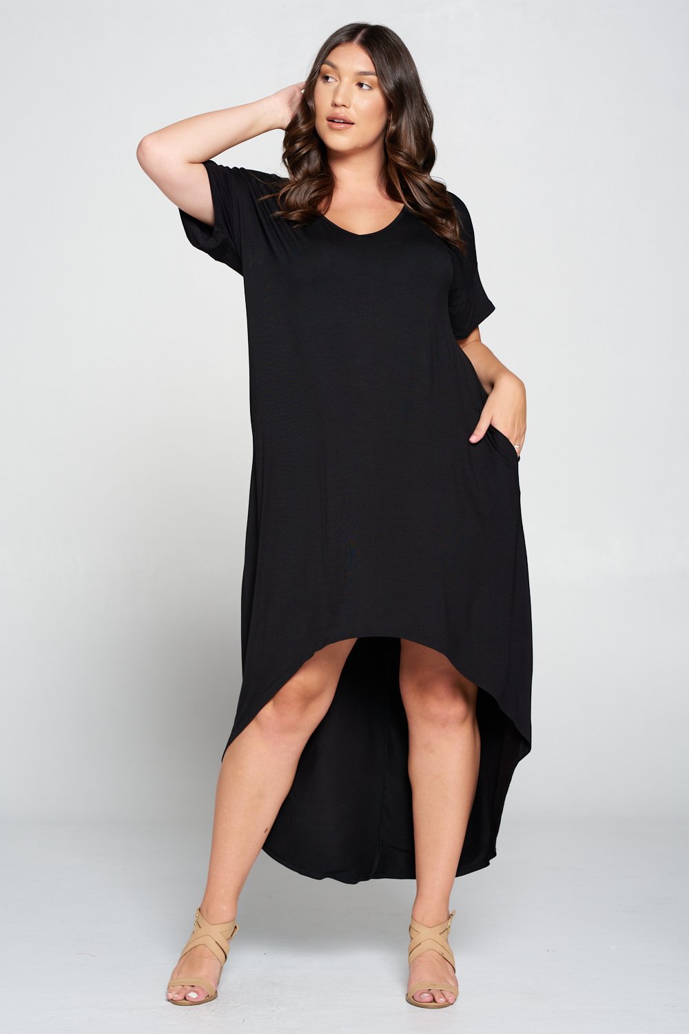 livd L I V D women's contemporary plus size clothing high low hi lo dress with pockets v neck sleeves in black