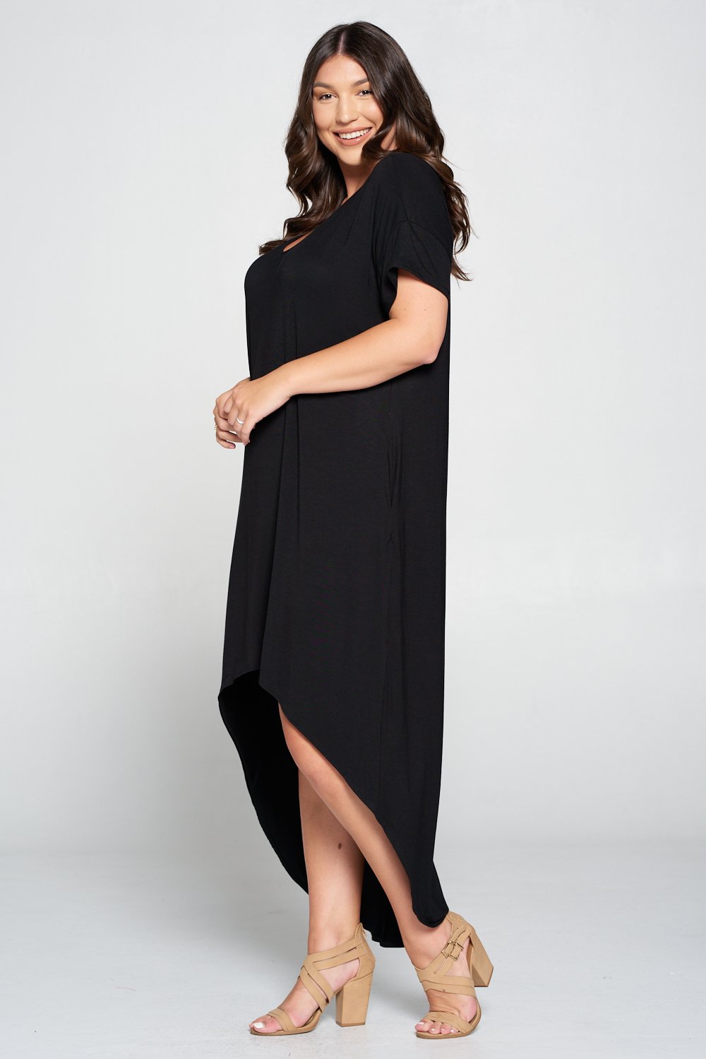livd L I V D women's contemporary plus size clothing high low hi lo dress with pockets v neck sleeves in black
