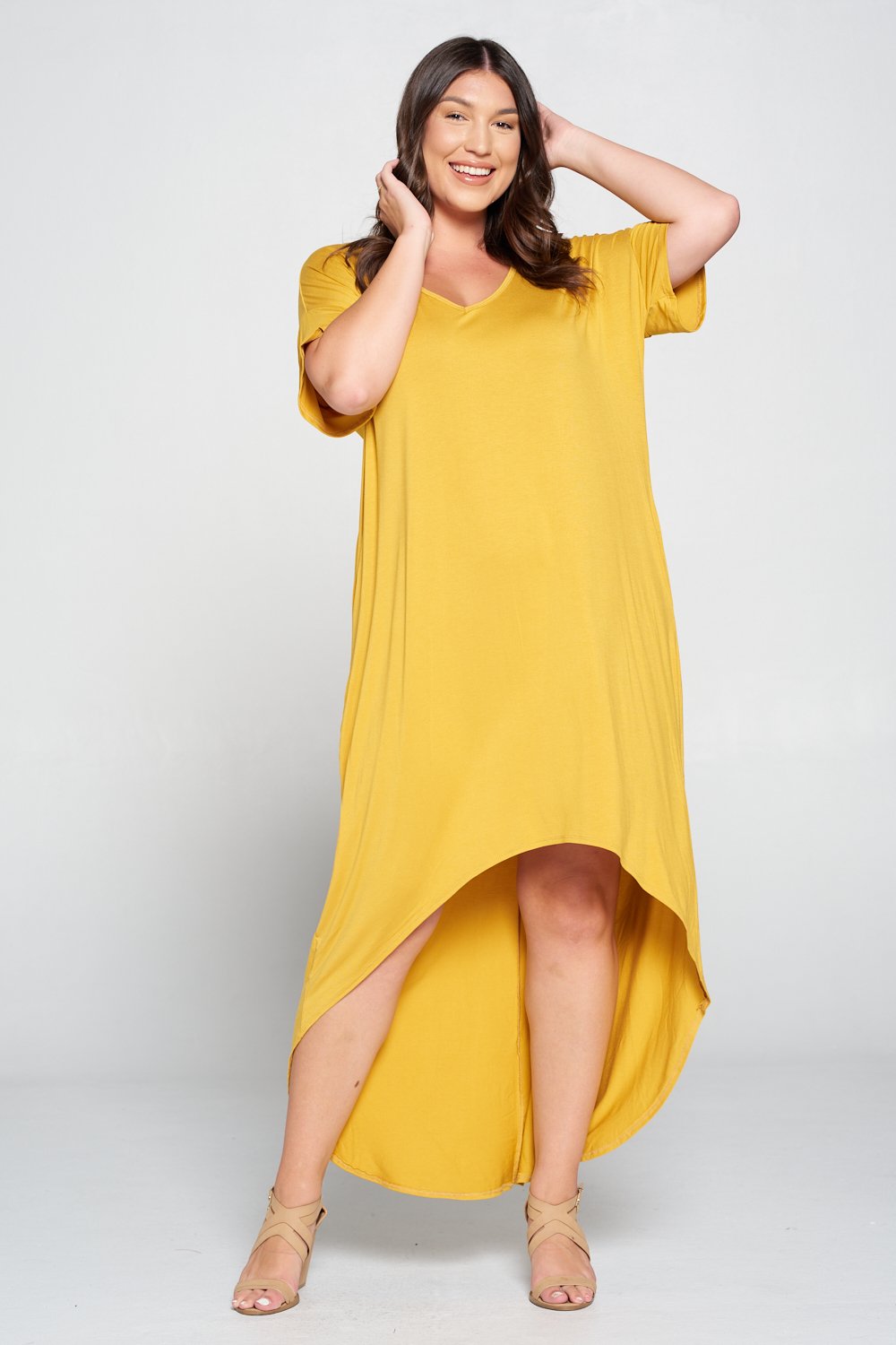 livd L I V D women's contemporary plus size clothing high low hi lo dress with pockets v neck sleeves in mustard yellow