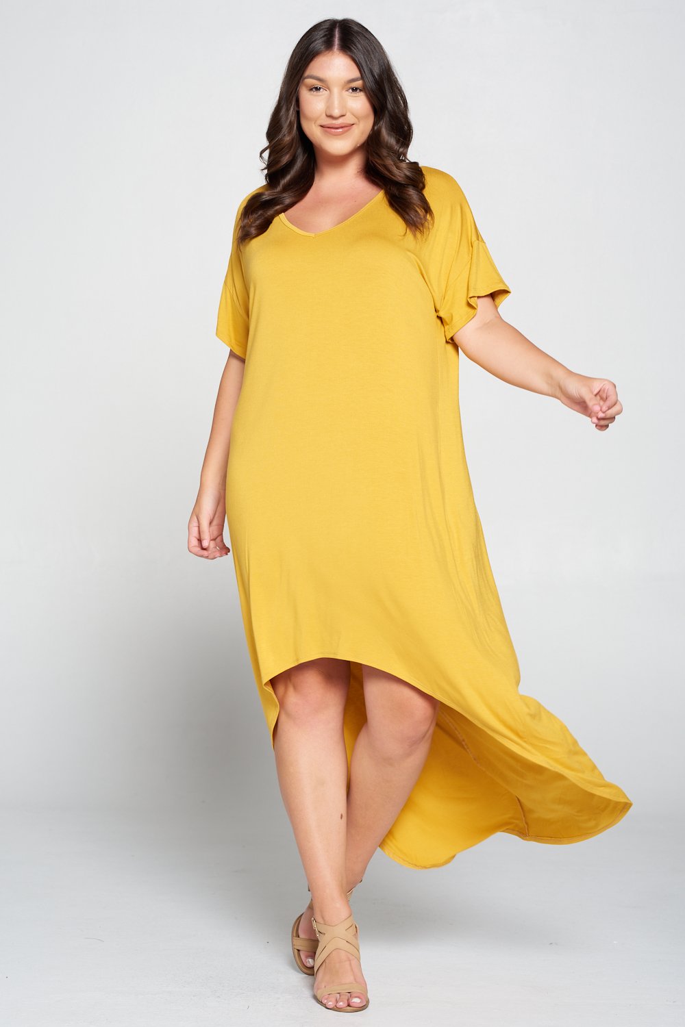 livd L I V D women's contemporary plus size clothing high low hi lo dress with pockets v neck sleeves in mustard yellow