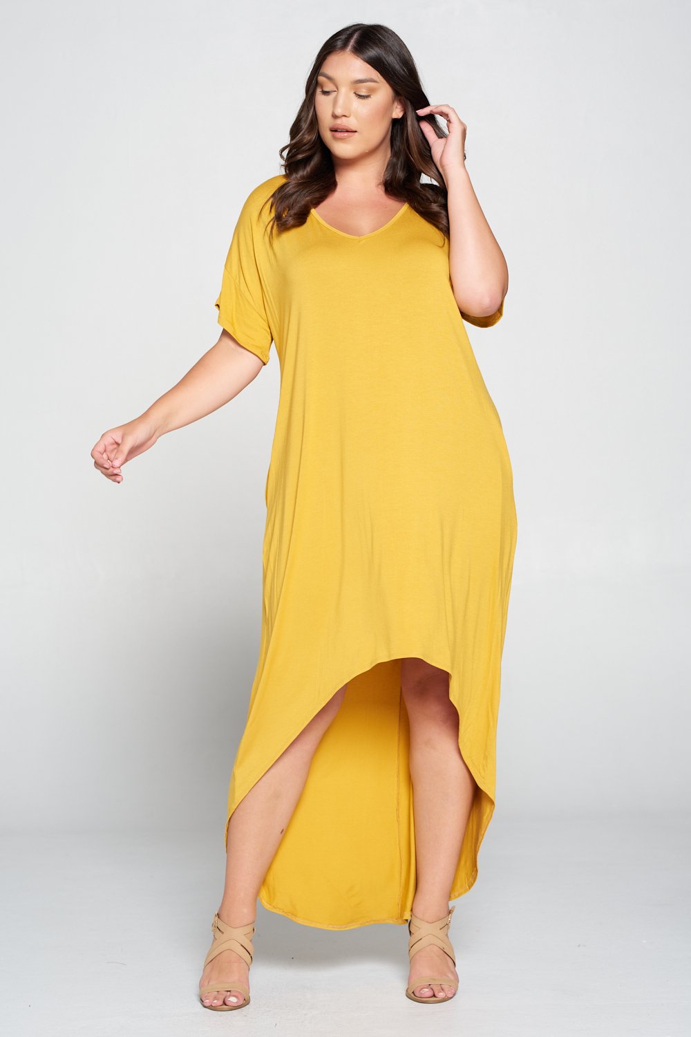 livd L I V D women's contemporary plus size clothing high low hi lo dress with pockets v neck sleeves in mustard yellow