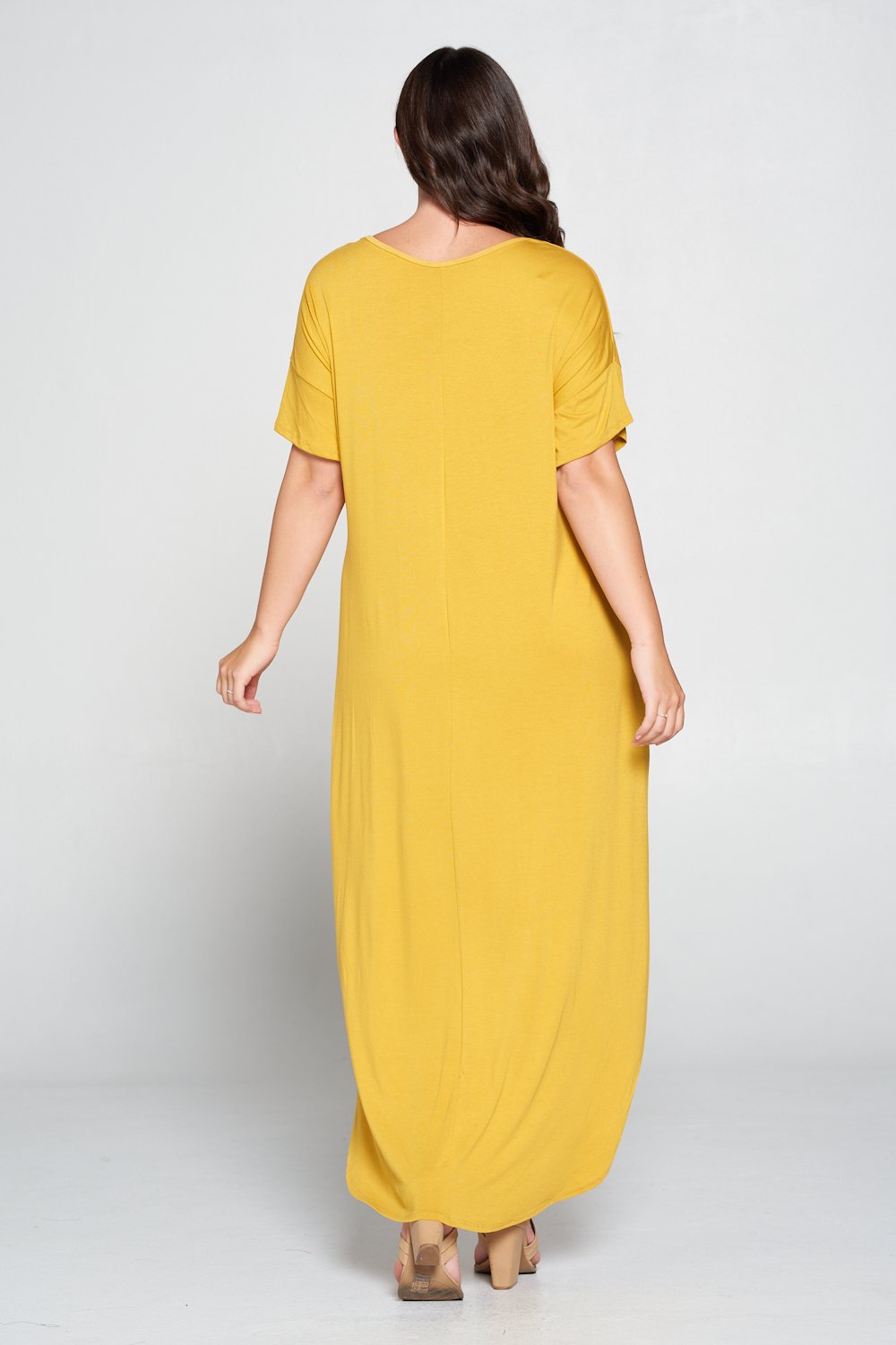 livd L I V D women's contemporary plus size clothing high low hi lo dress with pockets v neck sleeves in mustard yellow