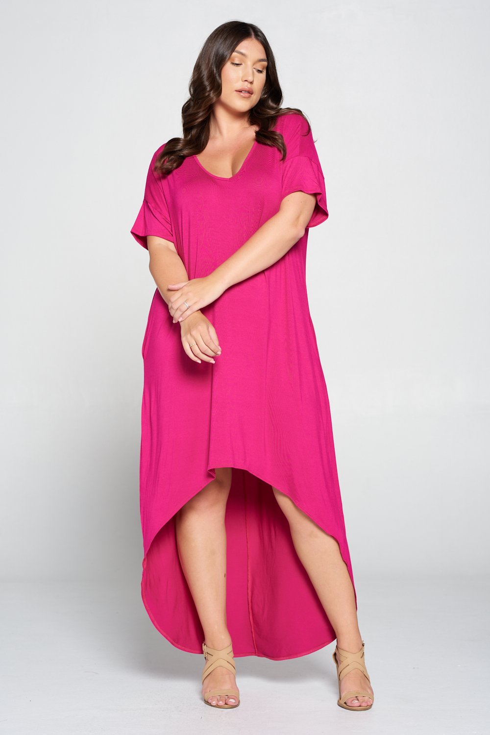 livd L I V D women's contemporary plus size clothing high low hi lo dress with pockets v neck sleeves in fuchsia mix of pink purple