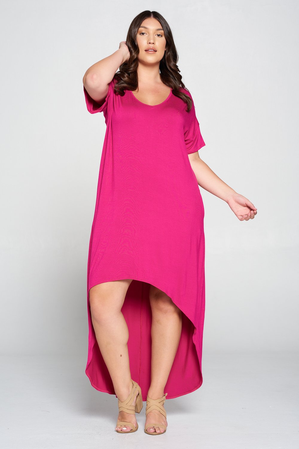 livd L I V D women's contemporary plus size clothing high low hi lo dress with pockets v neck sleeves in fuchsia mix of pink purple