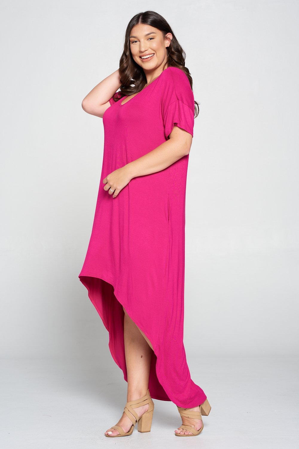 livd L I V D women's contemporary plus size clothing high low hi lo dress with pockets v neck sleeves in fuchsia mix of pink purple