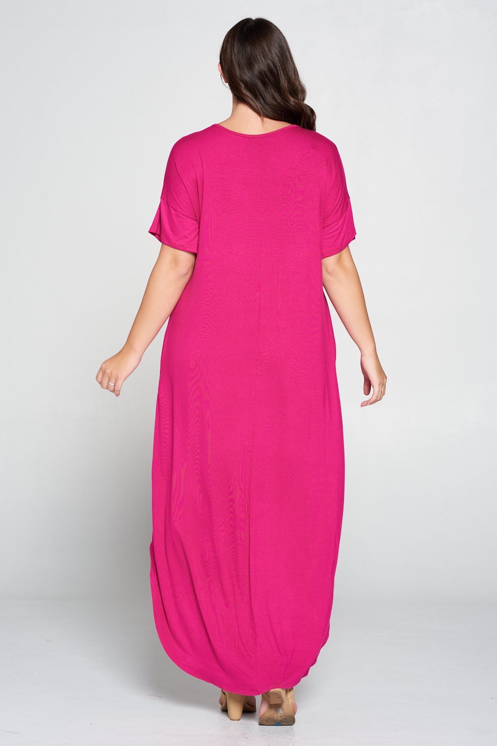 livd L I V D women's contemporary plus size clothing high low hi lo dress with pockets v neck sleeves in fuchsia mix of pink purple