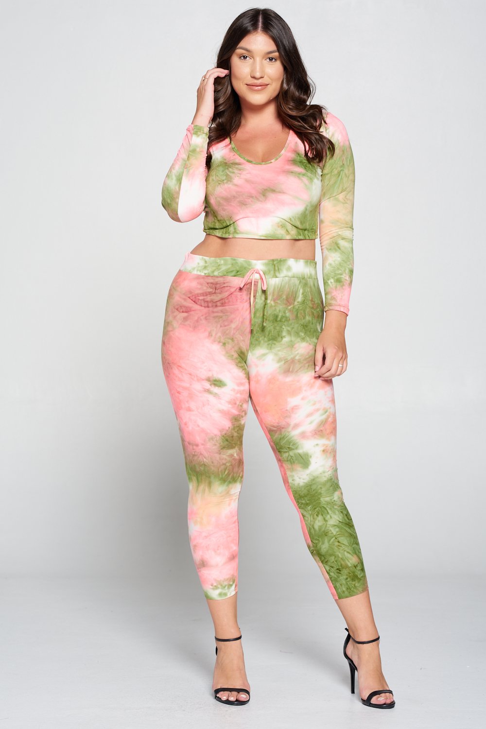 livd L I V D women's contemporary plus size  scoop neck crop hoodie and elastic band sweatpant with faux drawstring in olive tie dye