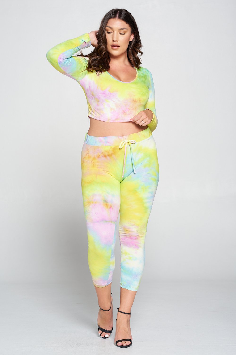 livd L I V D women's contemporary plus size  scoop neck crop hoodie and elastic band sweatpant with faux drawstring in yellow tie dye