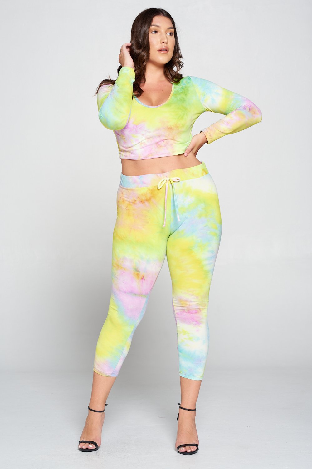 livd L I V D women's contemporary plus size  scoop neck crop hoodie and elastic band sweatpant with faux drawstring in yellow tie dye