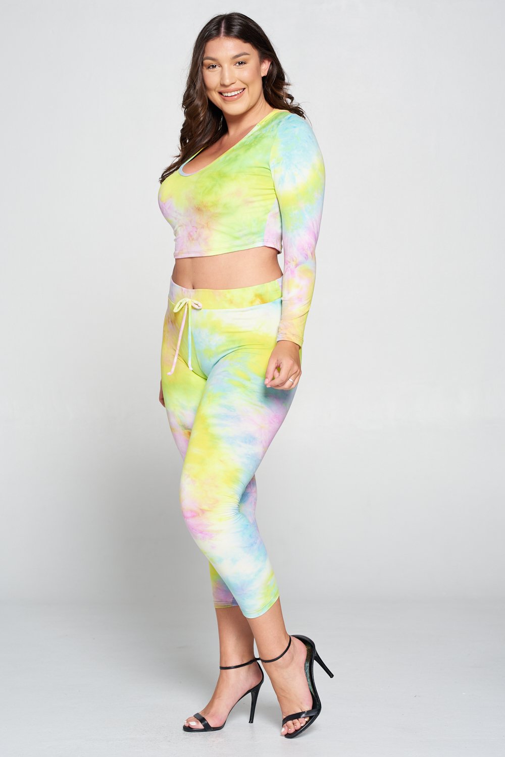 livd L I V D women's contemporary plus size  scoop neck crop hoodie and elastic band sweatpant with faux drawstring in yellow tie dye