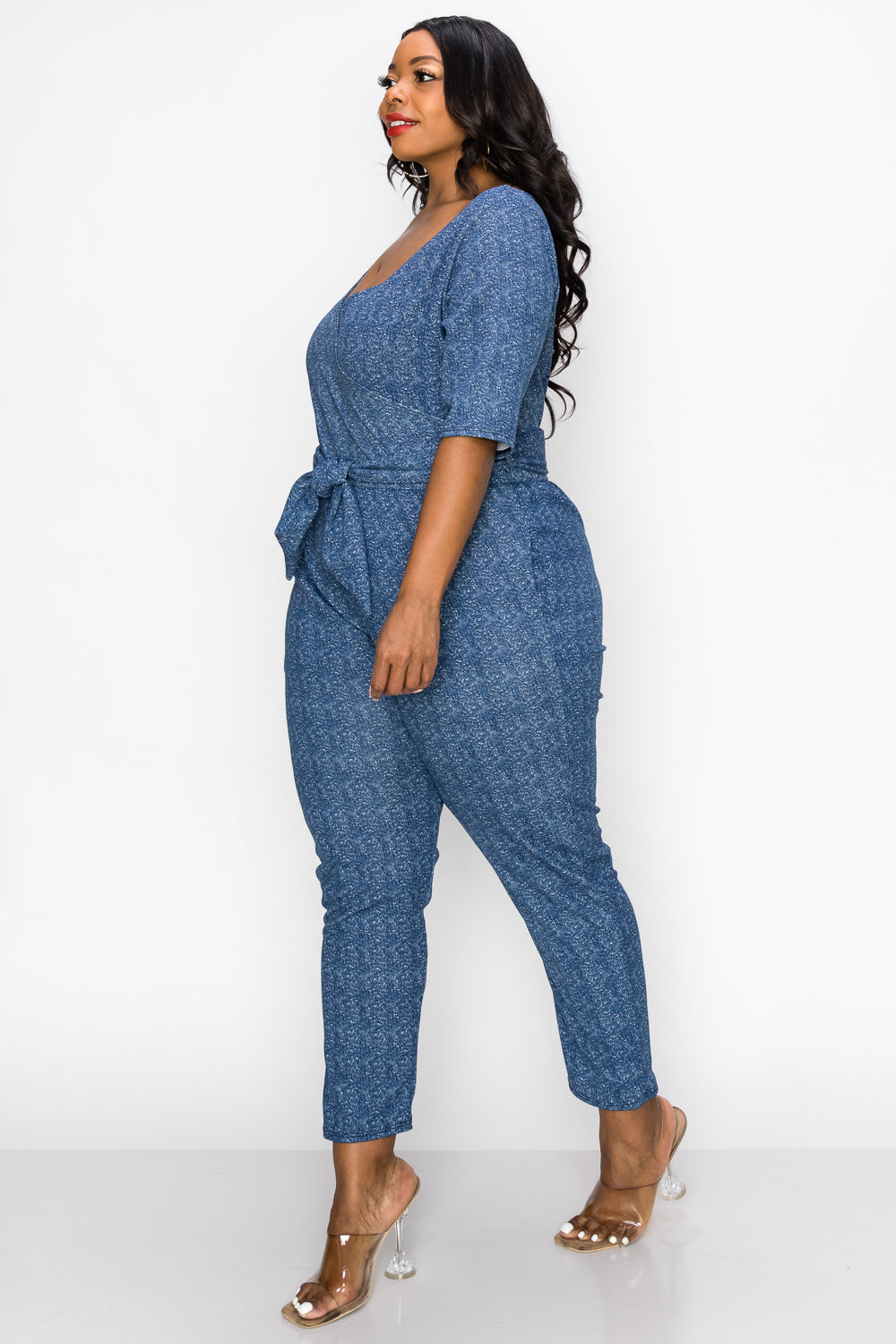 livd apparel plus size boutique contemporary wrap denim jumpsuit waist tie pockets in navy blue