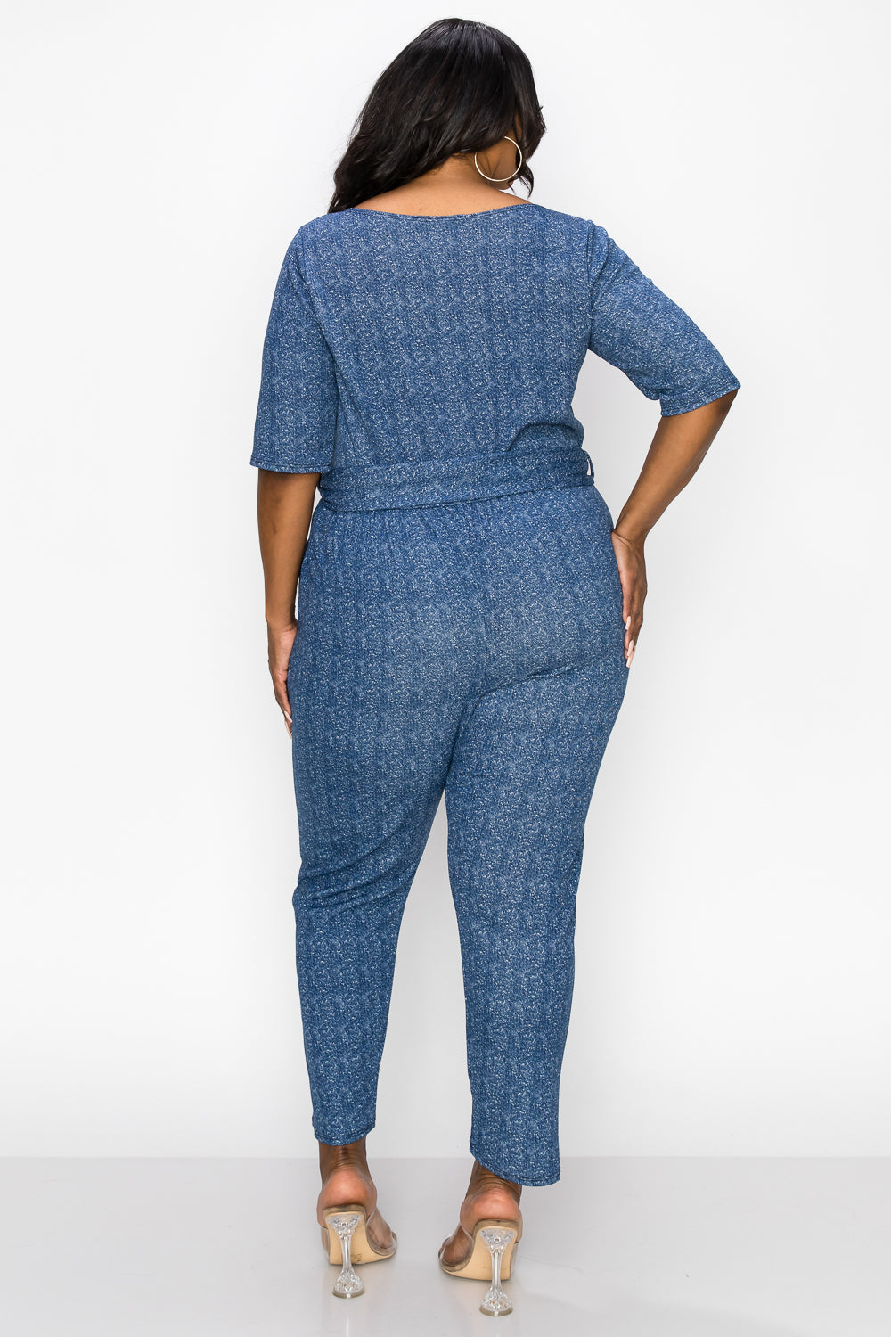 livd apparel plus size boutique contemporary wrap denim jumpsuit waist tie pockets in navy blue