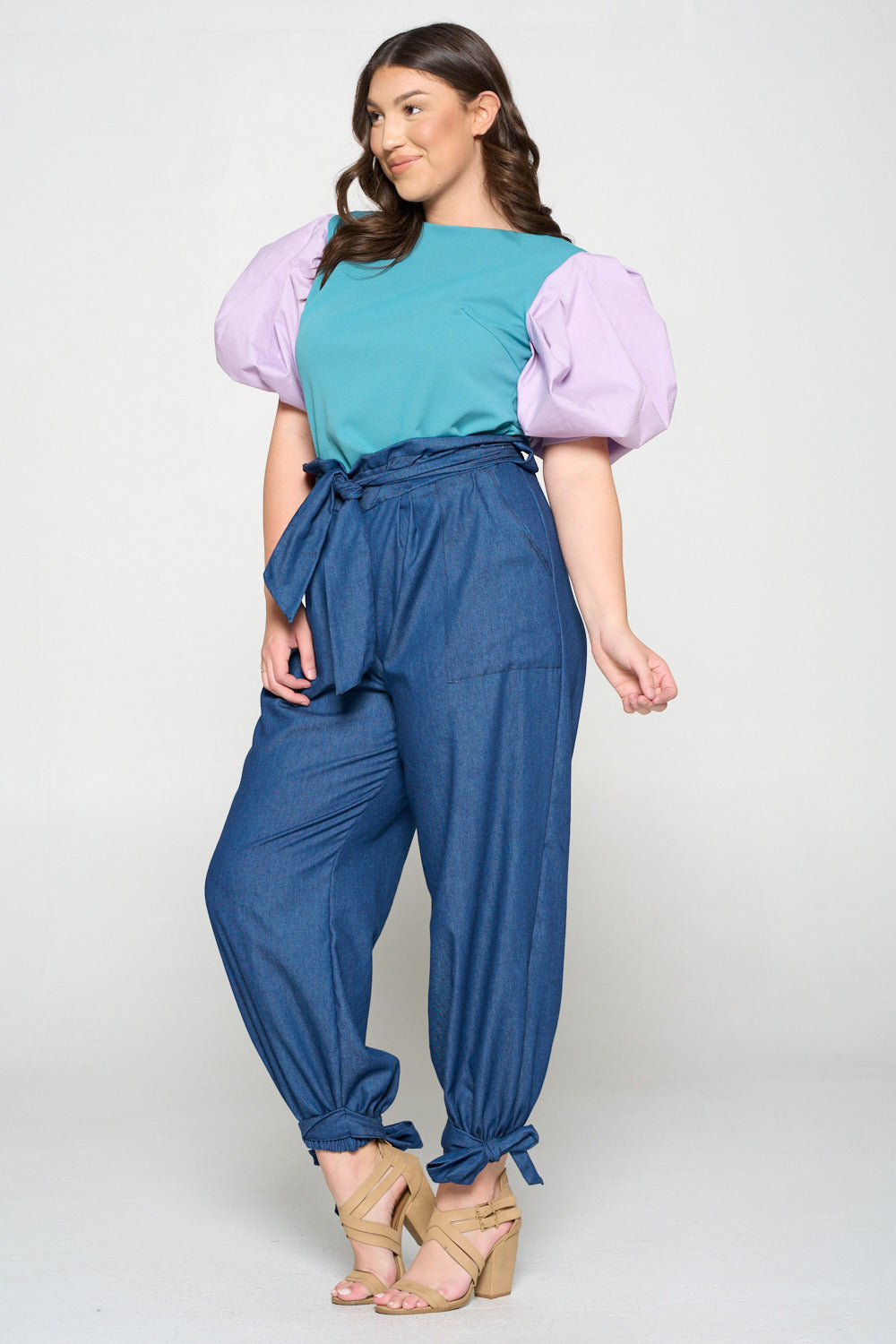 livd apparel plus size boutique contemporary paperbag denim pants with waist tie and leg cuff ribbons in navy denim