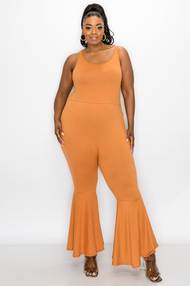 livd plus size boutique bodycon flare jumpsuit in clay orange