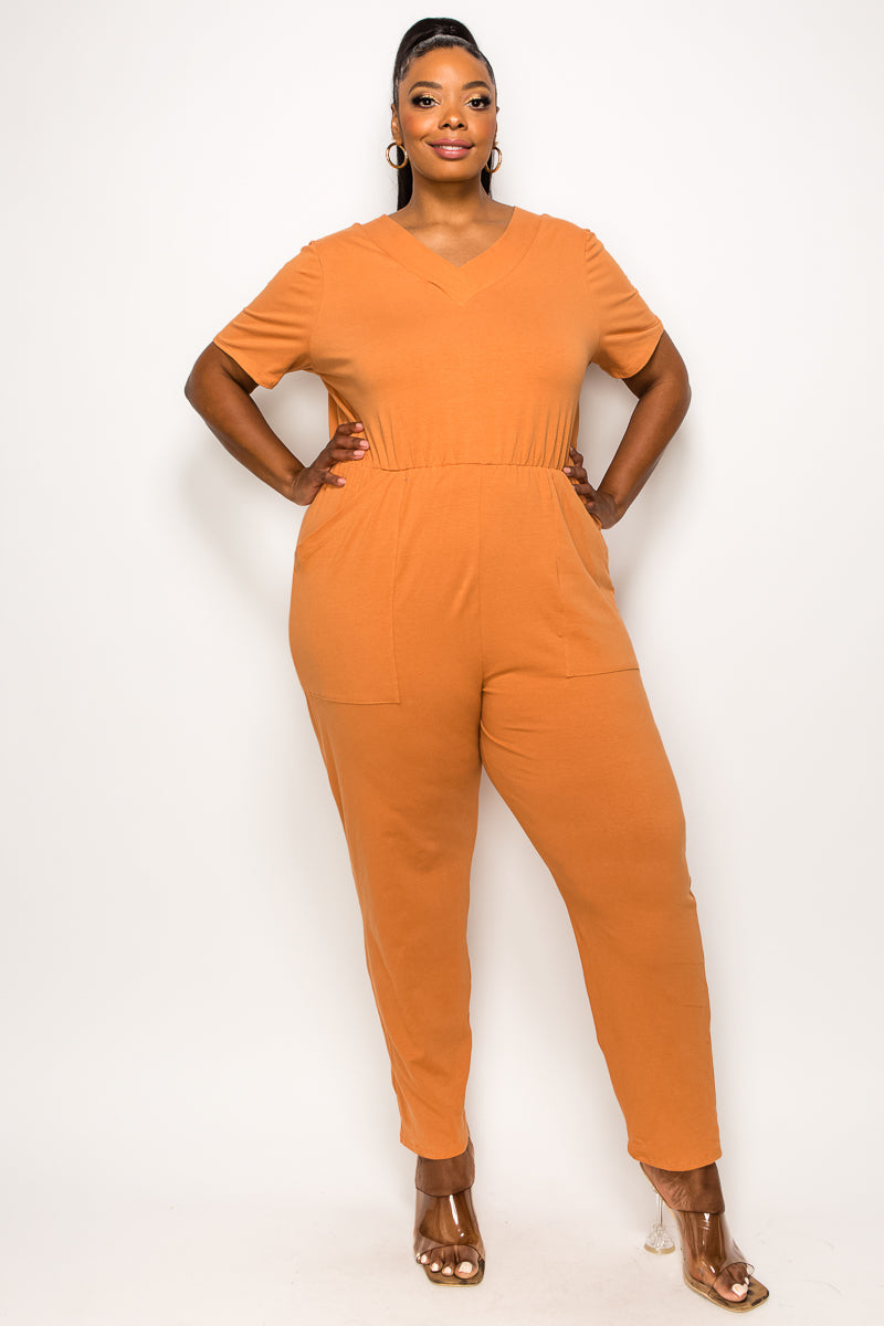 livd plus size boutique v neck pocket jumpsuit cotton in clay