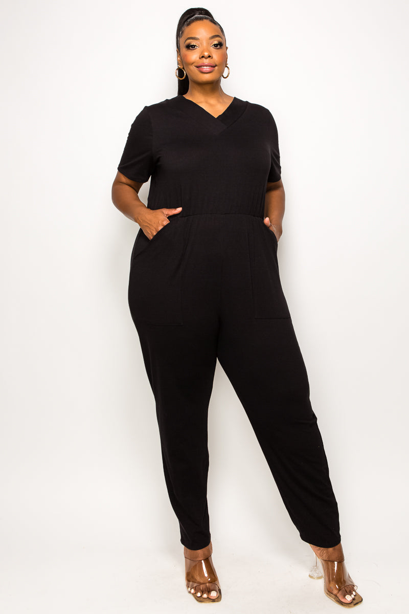 livd plus size boutique v neck pocket jumpsuit cotton in black