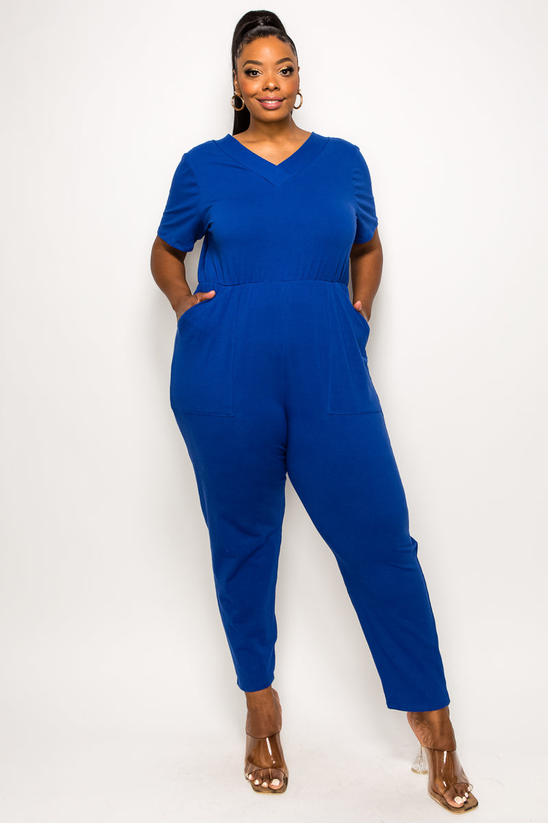 livd plus size boutique v neck pocket jumpsuit cotton in royal