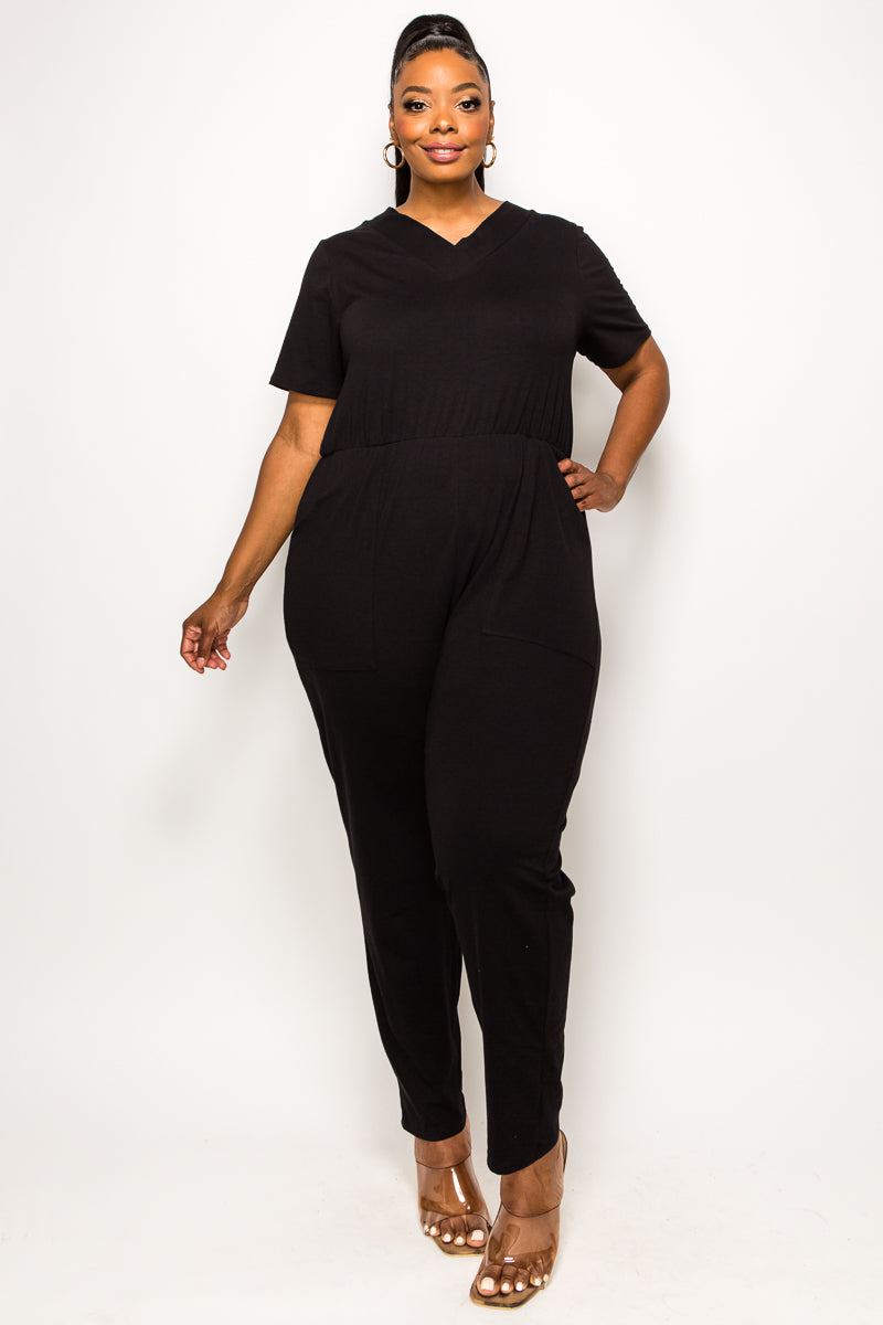 livd plus size boutique v neck pocket jumpsuit cotton in black