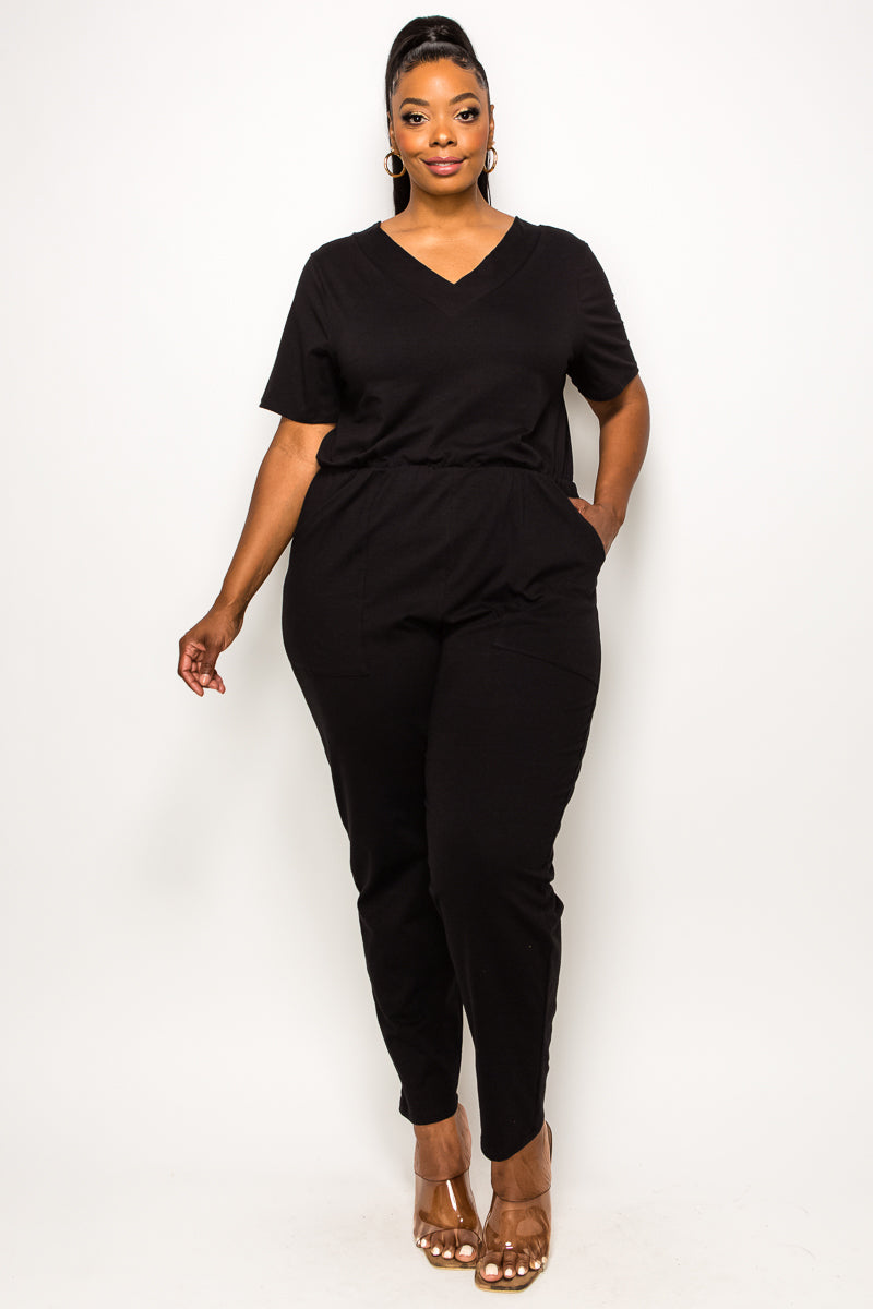 V Neck Pocket Jumpsuit - L I V D