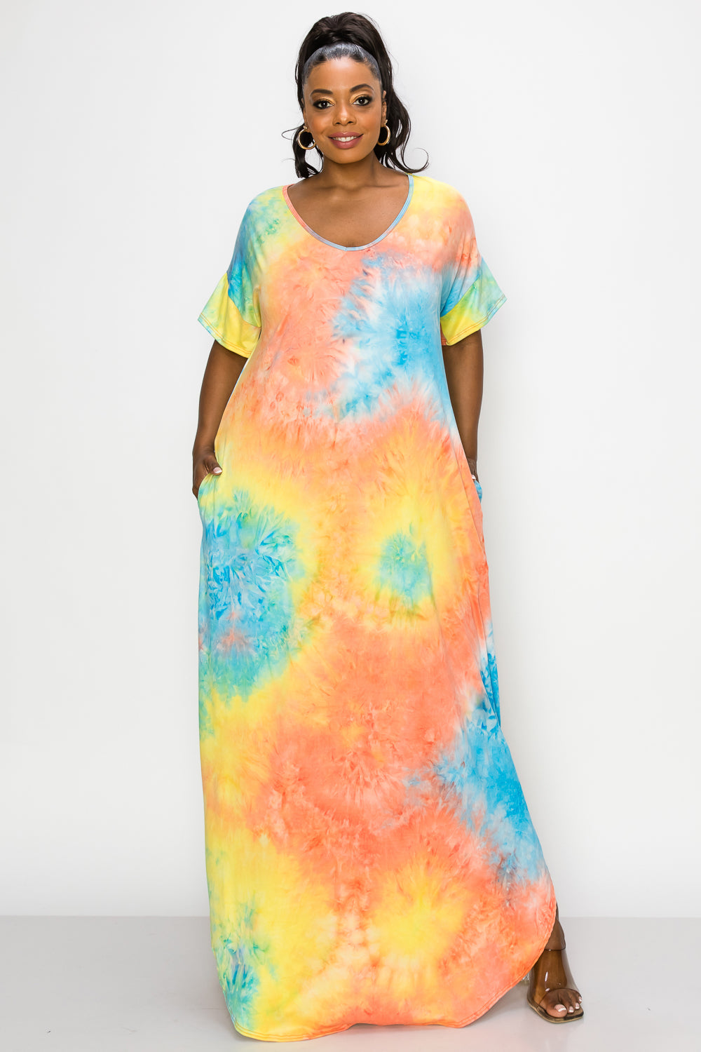 Tie Dye Short Sleeve Maxi Dress - L I V D