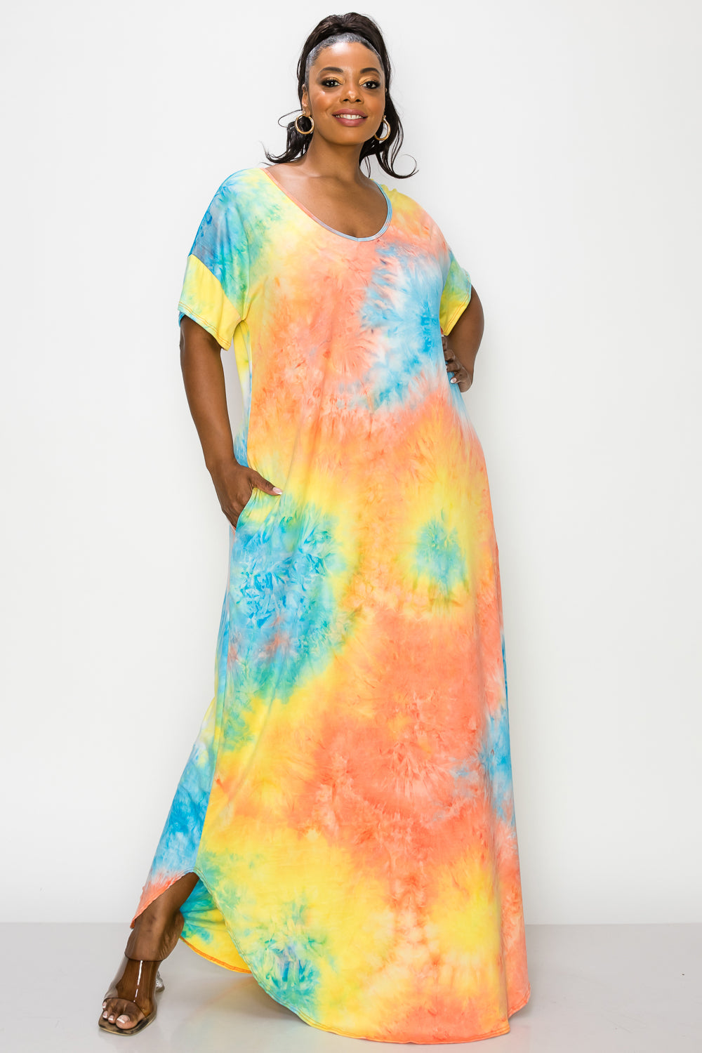 Tie Dye Short Sleeve Maxi Dress - L I V D