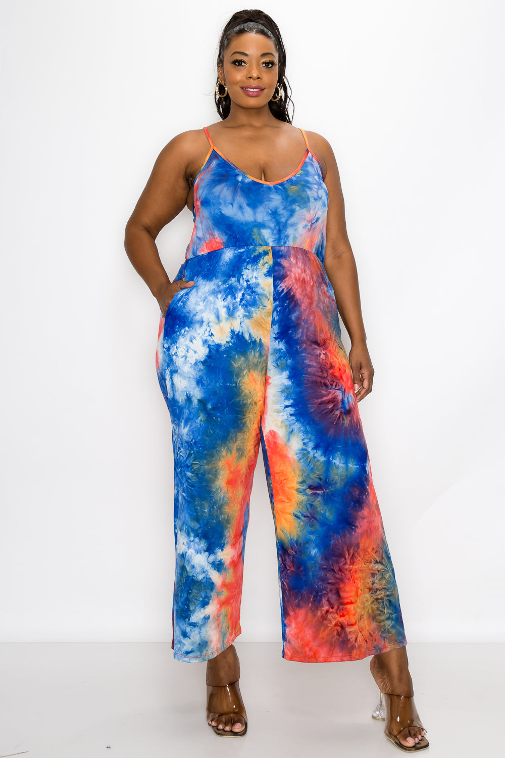 livd plus size boutique wide legged pocket jumpsuit in tie dye