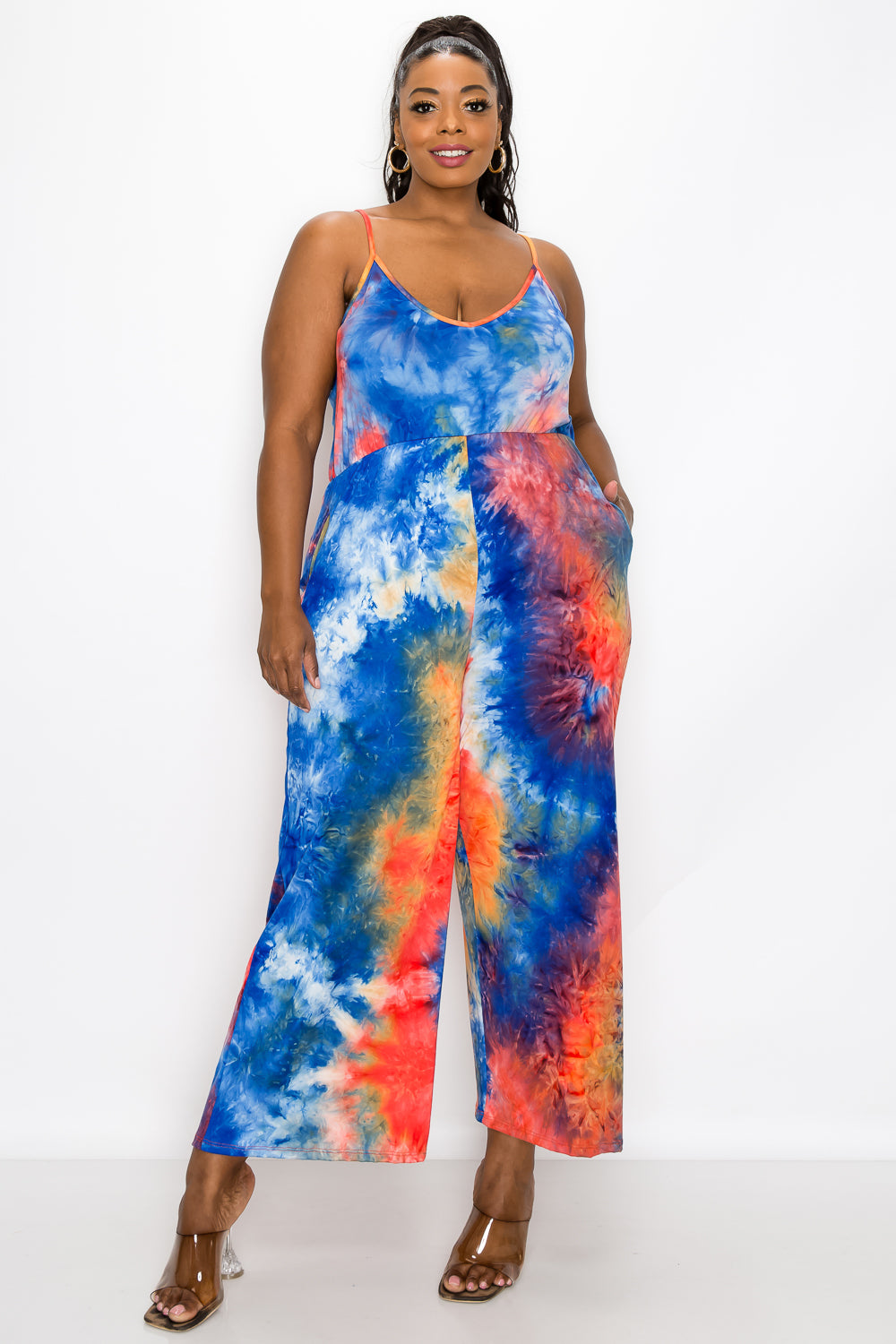 livd plus size boutique wide legged pocket jumpsuit in tie dye