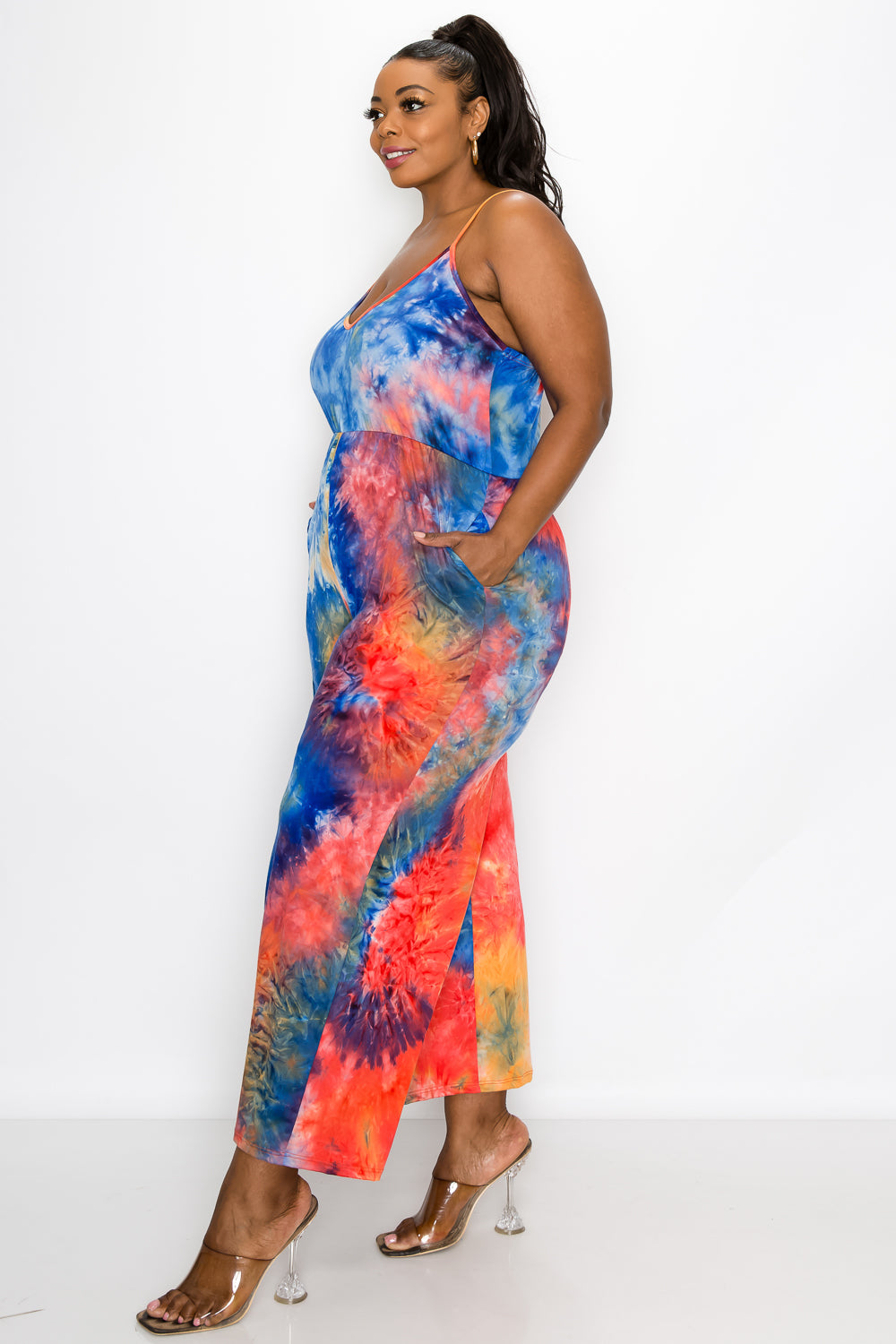 livd plus size boutique wide legged pocket jumpsuit in tie dye