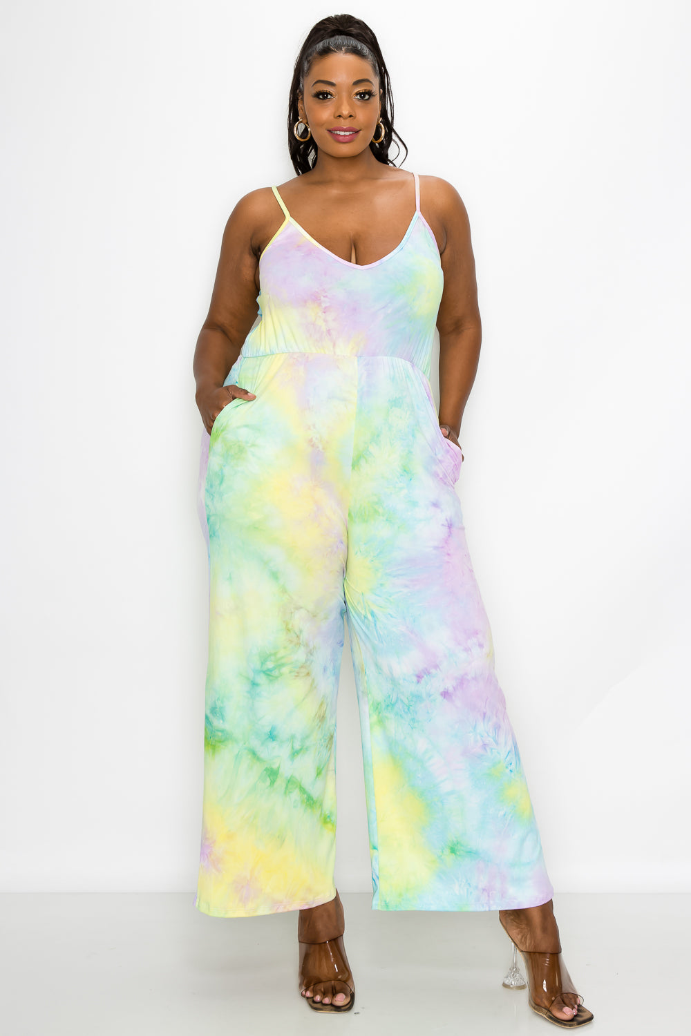 livd plus size boutique wide legged pocket jumpsuit in tie dye