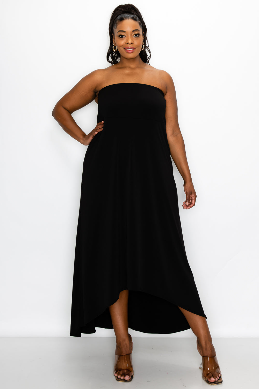 livd plus size boutique strapless high low dress in black