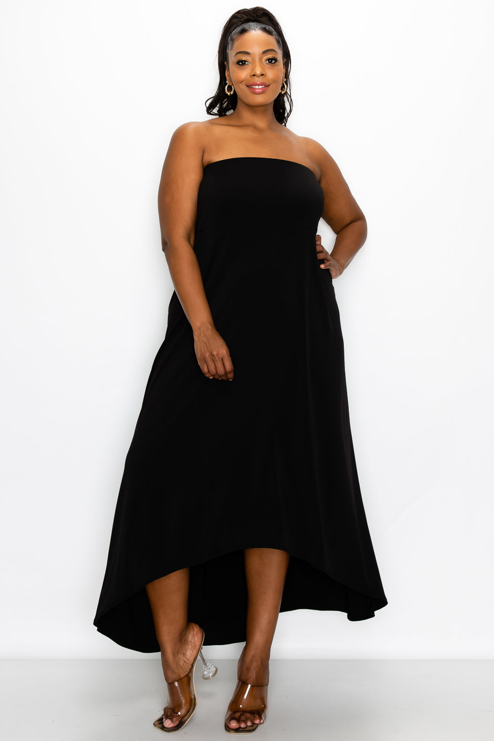 livd plus size boutique strapless high low dress in black