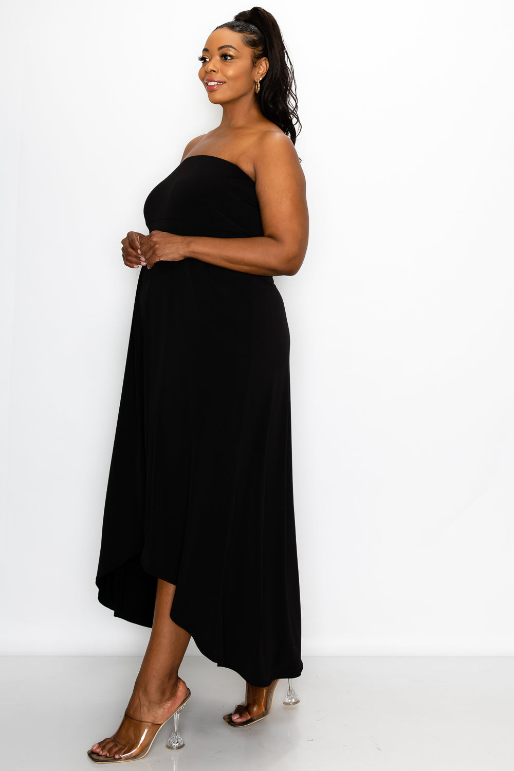 livd plus size boutique strapless high low dress in black