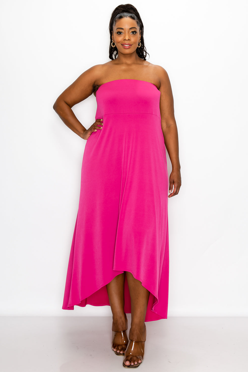 livd plus size boutique strapless high low dress in fuchsia