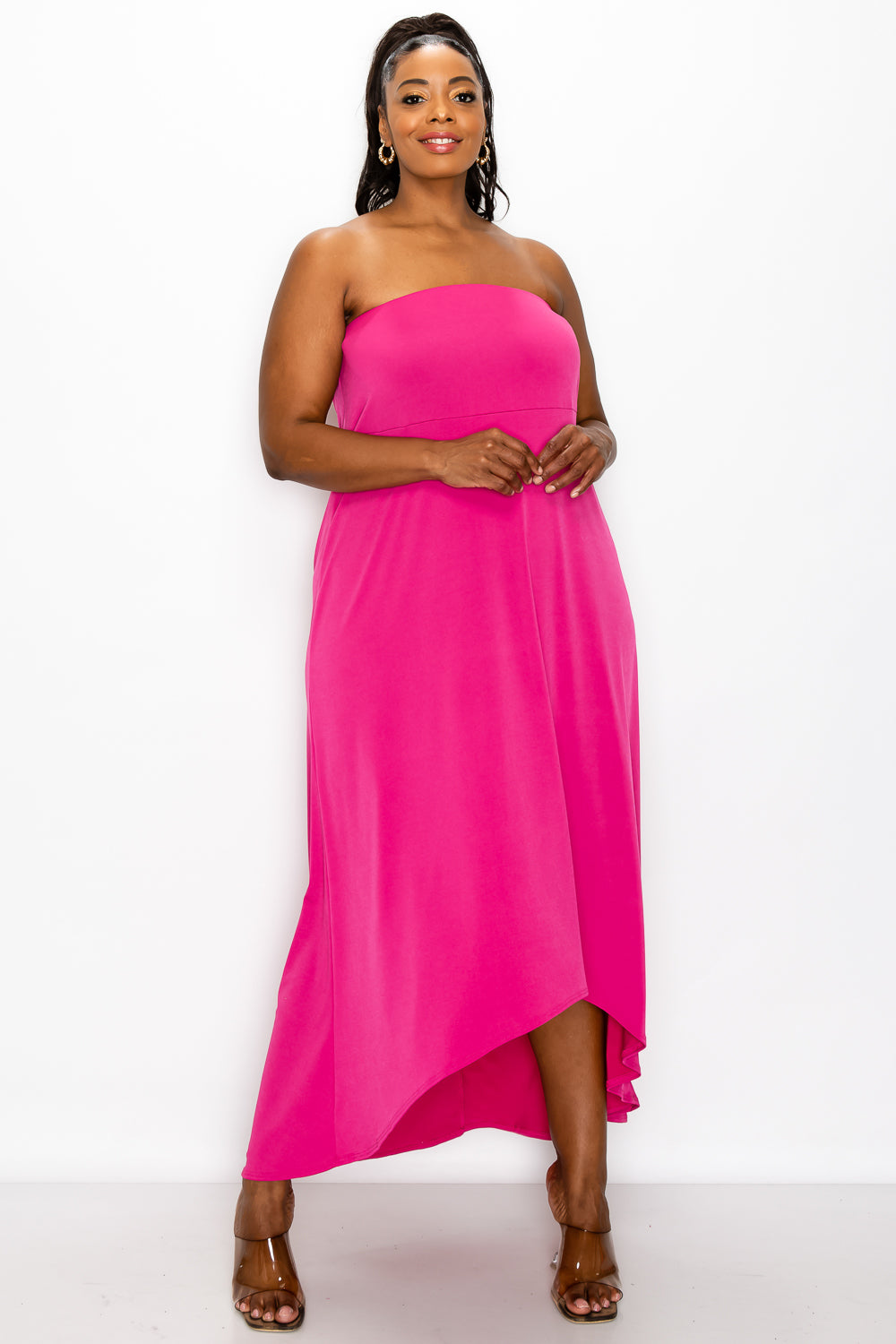 livd plus size boutique strapless high low dress in fuchsia