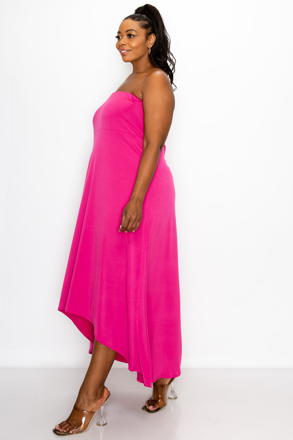livd plus size boutique strapless high low dress in fuchsia