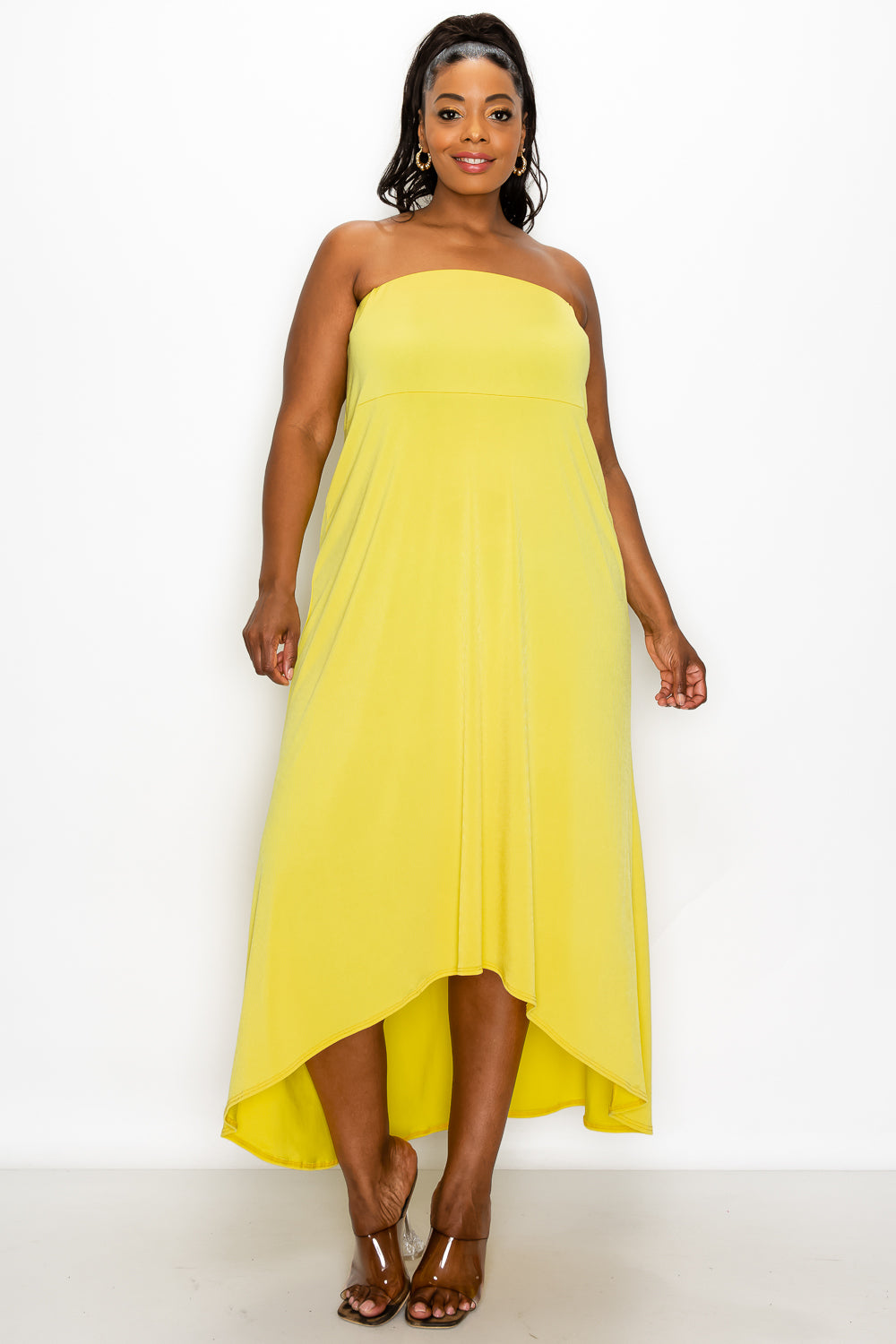 livd plus size boutique strapless high low dress in lemon yellow