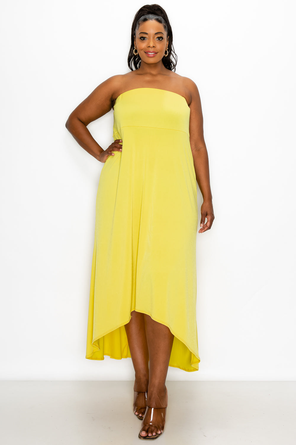 livd plus size boutique strapless high low dress in lemon yellow