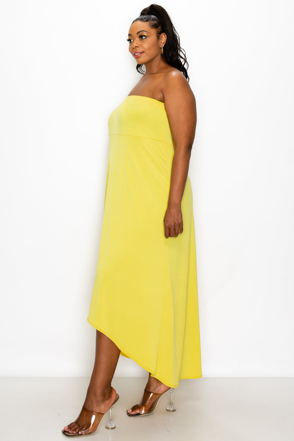 livd plus size boutique strapless high low dress in lemon yellow