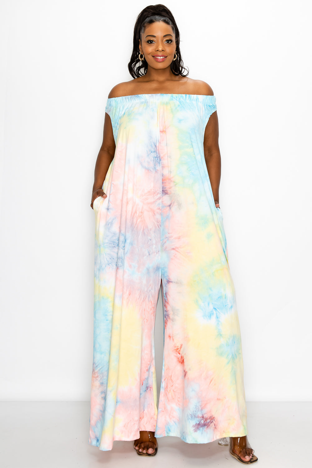 Tie Dye Off Shoulder Pocket Jumpsuit - L I V D