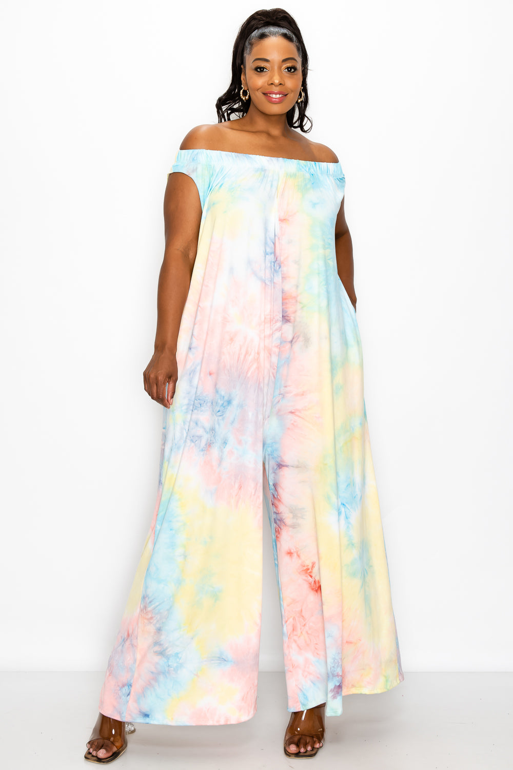 Tie Dye Off Shoulder Pocket Jumpsuit - L I V D